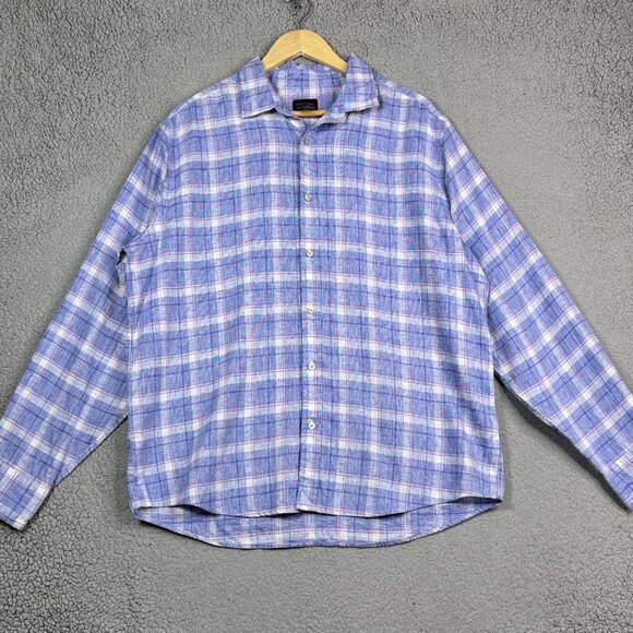 Untuckit Shirt Men XL Blue Tartan Plaid Wrinkle-Resistant Linen Slim Fit Berardo - Picture 2 of 11